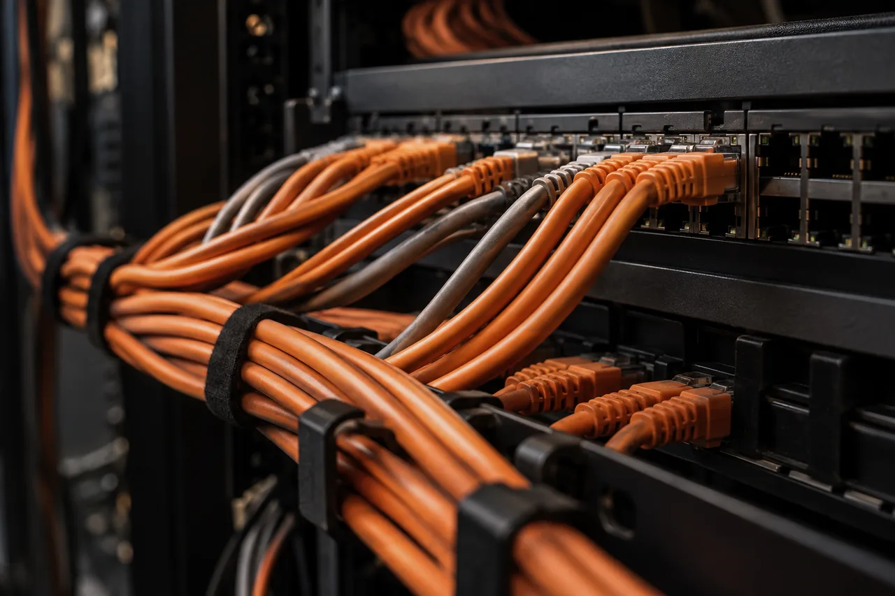 Illustrative orange network cabling and commercial patch panel